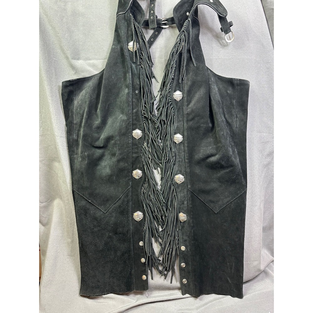 Harley-Davidson Black Suede Fringe Motorcycle Chaps Silver Concho Studs Small